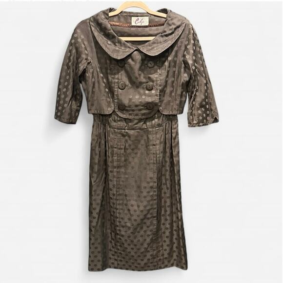 Vintage 50s Two Piece Brown Polka Dot Print Dress And Jacket Peter Pan Collar - Picture 2 of 12